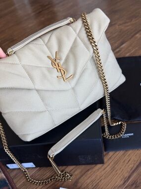 Saint Laurent Quilted Cream Shoulder Bag with Gold Chain